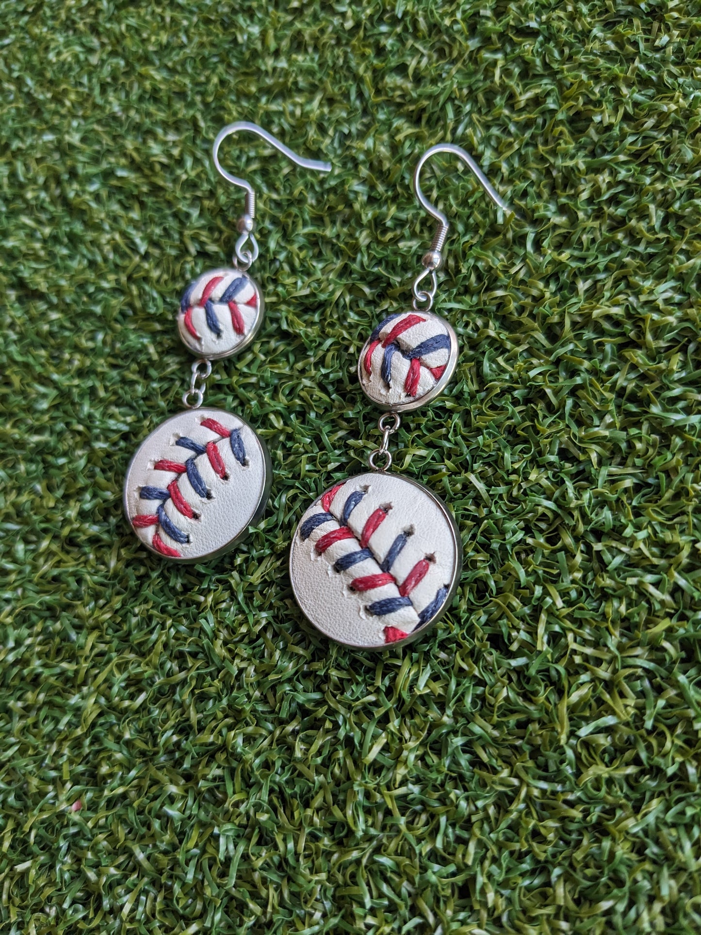Double Play Earrings- Red/Blue Stitches