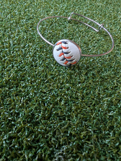 Baseball Double Loop Wire Bangle Bracelet- Black/Orange Stitches