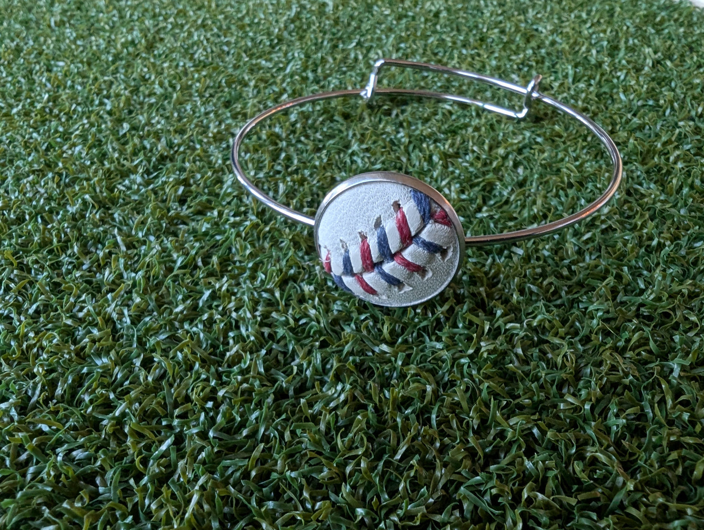 Baseball Double Loop Wire Bangle Bracelet- Blue/Red Stitches