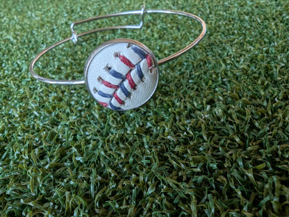 Baseball Double Loop Wire Bangle Bracelet- Blue/Red Stitches